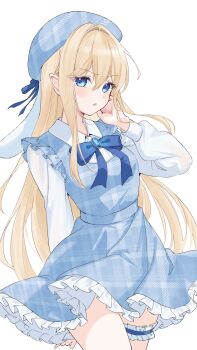 Rule 34 | 1girl, beret, blonde hair, blue bow, blue bowtie, blue dress, blue eyes, blue hat, bow, bowtie, commentary request, cowboy shot, dress, frilled dress, frilled thigh strap, frills, hair between eyes, hair intakes, hat, highres, light blush, long hair, looking at viewer, omo omochi zzz, original, parted lips, plaid clothes, plaid dress, shirt, sidelocks, solo, thigh strap, very long hair, white shirt