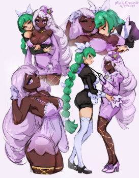 2girls apron ass braid breasts cleavage dark-skinned_female dark_skin dress gloves green_hair highres jacinthe_(pokemon) large_breasts lebanne_(pokemon) licking long_hair long_sleeves maid_headdress mina_cream multiple_girls nintendo pokemon pokemon_legends:_z-a puffy_sleeves purple_eyes purple_hair simple_background sketch smile thighs very_dark_skin white_background