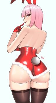 1girl :q absurdres alternate_costume animal_ear_hairband animal_ears artist_name ass back backless_leotard blunt_bangs breasts brown_thighhighs commentary fake_animal_ears from_behind fur-trimmed_leotard fur_trim gloves hairband highres hololive hololive_english large_breasts leotard licking_lips lips long_hair looking_at_viewer looking_back median_furrow mori_calliope pink_hair playboy_bunny pointing pointing_at_self rabbit_ear_hairband rabbit_ears rabbit_tail red_eyes red_gloves red_leotard shiny_clothes sideboob simple_background skindentation solo straight_hair tail thick_thighs thighhighs thighs tongue tongue_out virtual_youtuber white_background xnijg