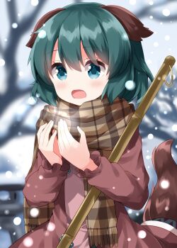 Rule 34 | 1girl, animal ears, blurry, blurry background, blush, breath, broom, brown dress, brown scarf, commentary, day, dog ears, dog girl, dog tail, dress, green eyes, green hair, hands up, highres, kasodani kyouko, long sleeves, open mouth, outdoors, plaid clothes, plaid scarf, ruu (tksymkw), scarf, short hair, snowing, solo, tail, touhou, upper body, winter