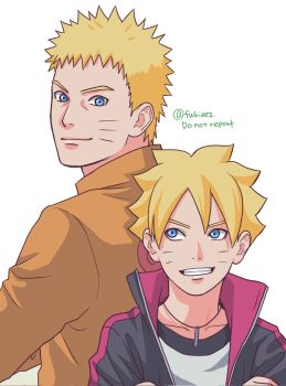 Rule 34 | 2boys, black jacket, blonde hair, blue eyes, boruto: naruto next generations, commentary, corrupted twitter file, facial mark, father and son, grin, height difference, highres, jacket, jewelry, male focus, matsu (fu6ide2), multiple boys, naruto (series), necklace, orange jacket, smile, twitter username, uzumaki boruto, uzumaki naruto, watermark, whisker markings
