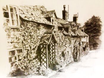 Rule 34 | chimney, commentary request, cotswolds, england, graphite (medium), house, ivy, no humans, original, scenery, sepia, traditional media, tree, trellis, unfinished