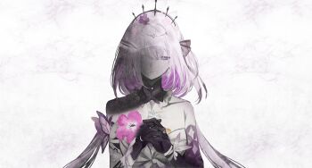 1girl absurdres bare_shoulders bow bug butterfly castorice_(honkai:_star_rail) crown flower hair_flower hair_ornament highres honkai:_star_rail honkai_(series) insect long_hair own_hands_together poursuu purple_hands ribbon whie_background white_bow white_hair