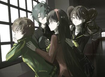 4girls amagi_yukiko black_hair black_jacket black_sailor_collar black_skirt brown_hair commentary_request drill_hair english_text green_jacket hair_between_eyes hairband hand_on_another&#039;s_back hat highres holding holding_unworn_clothes holding_unworn_hat indoors jacket k1kiwa kujikawa_rise long_hair looking_outside multiple_girls neckerchief persona persona_4 red_hairband red_jacket reverse_trap sailor_collar satonaka_chie school school_uniform shirogane_naoto short_hair skirt straight_hair twin_drills unworn_hat unworn_headwear upper_body very_long_hair window yasogami_school_uniform yellow_neckerchief