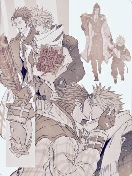 2b_fff 2boys absurdres age_difference black_boots black_hair black_shoes blonde_hair boots bouquet child christmas_present cloud_strife cloud_strife_(holiday_outfit) coat collared_shirt couple cross_scar earrings facial_scar final_fantasy final_fantasy_vii final_fantasy_vii:_ever_crisis flower gift hair_between_eyes hair_slicked_back hand_in_another's_hair hand_on_another's_neck highres holding holding_bouquet holding_gift holding_hands imminent_kiss interlocked_fingers jewelry long_coat male_focus medium_hair multiple_boys necktie official_alternate_costume pants parted_lips plaid_clothes plaid_coat scar scar_on_cheek scar_on_face scarf sepia shirt shoes short_hair sideburns single_earring spiked_hair vest waistcoat yaoi zack_fair zack_fair_(holiday_suit)
