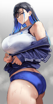 1girl absurdres armpit_hair ass black_hair blue_hair blue_jacket blue_shorts breasts colored_inner_hair commentary earrings gradient_hair highres jacket jewelry large_breasts looking_at_viewer looking_back mdoctkscb medium_hair multicolored_hair original shirt shorts simple_background stud_earrings sweat swept_bangs taut_clothes taut_shirt taut_shorts two-tone_hair white_shirt