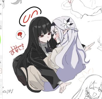 3girls ? art_program_in_frame artistic_error black_gloves black_hair black_hairband black_halo black_jacket black_pantyhose black_skirt blue_archive blush_stickers bright_pupils commentary_request expressionless eye_contact face-to-face finger_to_another&#039;s_mouth flower flustered frown gloves grey_eyes hair_flower hair_ornament hairband half_updo halo highres himari_(blue_archive) jacket konoka_(blue_archive) long_hair long_sleeves looking_at_another magicaldraw magicaldraw_(medium) miniskirt multiple_girls no_halo ohajiki_0000 open_mouth pantyhose pleated_skirt pointy_ears red_eyes red_halo rio_(blue_archive) simple_background skirt spoken_question_mark straight_hair sweatdrop sweater translation_request turtleneck turtleneck_sweater white_background white_flower white_hair white_pupils white_sweater yukadon yuri