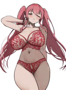 1girl arm_behind_back arm_up bare_shoulders blush bra braid breasts character_request cleavage collarbone commentary commission copyright_request cowboy_shot english_commentary highres huge_breasts lace lace_bra lace_panties lingerie long_hair looking_at_viewer midriff navel one_eye_closed panties red_bra red_eyes red_hair red_panties simple_background solo thighs twin_(tt_lsh) twin_braids twintails underwear underwear_only white_background