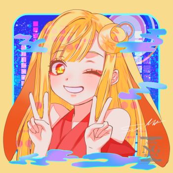 1girl animal_ears blonde_hair blue_background border cho_kaguya-hime! commentary_request crescent crescent_hair_ornament double_v eyeshadow floppy_ears hair_ornament hands_up highres kaguya_(cho_kaguya-hime!) long_hair looking_at_viewer lop_rabbit_ears makeup one_eye_closed partial_commentary rabbit_ears red_eyeshadow smile solo tdkmaru upper_body v yellow_border