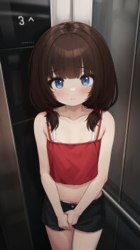 1girl absurdres bare_arms bare_shoulders black_shorts blue_eyes blush bow bow_panties bra bra_peek brown_hair camisole closed_mouth collarbone comodox cowboy_shot elevator highres huge_filesize indoors large_variant_set long_hair looking_at_viewer low_twintails midriff navel original panties panty_peek red_camisole sheryn_(comodox) short_shorts shorts solo spaghetti_strap standing twintails underwear variant_set white_bra white_panties