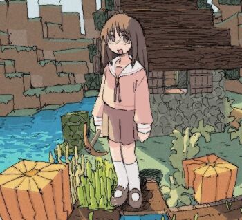 1girl azumanga_daiou block_(minecraft) bolo_tie brown_eyes brown_hair brown_shoes cabin full_body holding holding_pickaxe isometric kasuga_ayumu long_hair long_sleeves looking_to_the_side minecraft minecraft_(style) open_mouth pantsu-ripper pickaxe pleated_skirt pumpkin sailor_collar school_uniform serafuku shoes skirt smile socks solo square tree water wheat white_sailor_collar white_socks window