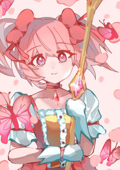 1girl arrow_(projectile) bow bow_choker bug butterfly buttons chest_jewel choker gem gloves hair_bow highres holding holding_arrow insect kaname_madoka kyoppogi looking_at_viewer mahou_shoujo_madoka_magica mahou_shoujo_madoka_magica_(anime) petticoat pink_bow pink_butterfly pink_eyes pink_gemstone puffy_short_sleeves puffy_sleeves red_choker short_sleeves smile solo white_gloves white_sleeves