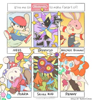 1girl 5boys arcade_bunny backpack bag baseball_bat baseball_cap character_name clown clown_boy company_connection dimentio fangs glasses hat highres instrument jester jester_boy jester_cap kirby_(series) kirby_super_star lab_coat majora_(entity) mario_(series) marx_(kirby) marx_(true_form)_(kirby) mask mother_(series) mother_2 multiple_boys multiple_drawing_challenge ness_(mother_2) nintendo nintendo_badge_arcade no_arms ocarina open_mouth orange_hair paper_mario penny_crygor purple_eyes shirt shorts six_fanarts_challenge skull_kid striped_clothes striped_shirt super_paper_mario temmie_chang the_legend_of_zelda the_legend_of_zelda:_majora&#039;s_mask tongue tongue_out warioware wings