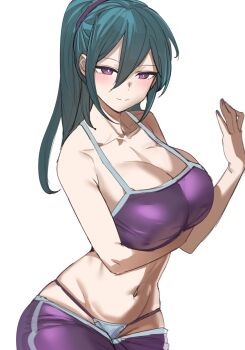 1girl bikini bikini_bottom_only bow_(bhp) breasts character_request cleavage collarbone highres large_breasts long_hair navel original pants ponytail purple_eyes smile solo sports_bra swimsuit white_background