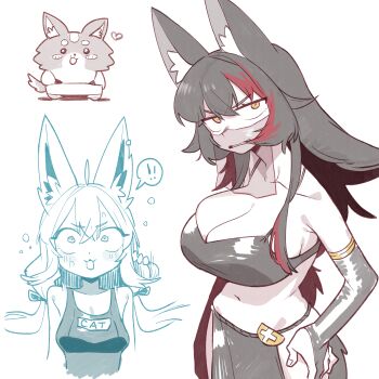 ! !! 2girls :3 absurdres ahoge alternate_breast_size_(larger) alternate_costume animal_ear_fluff animal_ears bare_shoulders bikini black_hair black_tank_top blush braid breasts cocomayo29_(tomato) collarbone commentary_request elbow_gloves english_text fox_ears fox_girl gloves hair_between_eyes hair_ornament hand_on_own_hip harem_outfit heart highres hololive korean_commentary large_breasts long_hair micro_bikini midriff miofa_(ookami_mio) multicolored_hair multiple_girls navel ookami_mio open_mouth partially_fingerless_gloves pelvic_curtain red_hair school_swimsuit see-through_clothes see-through_veil shirakami_fubuki simple_background swimsuit tail tank_top veil virtual_youtuber wolf_ears wolf_girl wolf_tail yellow_eyes