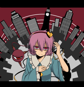 bags_under_eyes city city_lights cityscape hand_on_headphones headband headphones highres komeiji_satori kuri_dora looking_at_viewer pink_hair plug red_background red_eyes split_mouth third_eye touhou