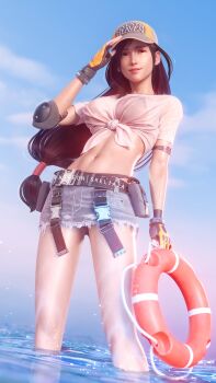 1girl 3d armband baseball_cap belt black_hair blue_sky buckle cloud denim denim_skirt elbow_pads final_fantasy final_fantasy_vii final_fantasy_vii_remake gloves hat highres lifebuoy long_hair navel panties panty_peek patreon_username red_eyes shirt single_elbow_pad skirt sky sreliata swim_ring thighs tifa_lockhart tifa_lockhart_(lifeguard) underwear very_long_hair water water_drop wet white_shirt yellow_gloves yellow_hat