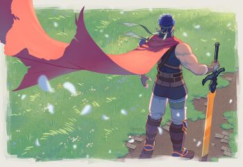 1boy blue_hair blue_tunic boots border brown_gloves cape commentary english_commentary falling_petals field fingerless_gloves fire_emblem fire_emblem:_path_of_radiance floating_headgear from_behind gloves grass headband headgear ike_(fire_emblem) jon_(jonigiri) male_focus muscular muscular_male nintendo pants path petals planted planted_sword planted_weapon ragnell red_cape road short_hair sleeveless standing sword tunic weapon white_pants