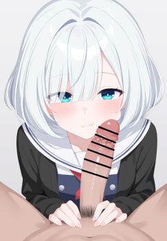 1girl black_cardigan blue_eyes blush cardigan censored commentary_request dress grey_hair hair_between_eyes hetero hoshikawa_shizuku kimi_to_tsuzuru_utakata long_sleeves mizuno-go open_cardigan open_clothes paid_reward_available penis_on_face pinafore_dress sailor_collar school_uniform shirt short_hair sleeveless sleeveless_dress smegma white_hair white_sailor_collar