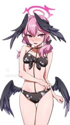 1girl adjusting_clothes adjusting_swimsuit animated audible_music audible_speech between_breasts bikini black_bikini black_bow black_wings blue_archive blush bow breasts choker cowboy_shot feathered_wings female_focus floral_print front-tie_bikini_top front-tie_top gluteal_fold gradient_background hair_bow hair_over_shoulder halo halterneck head_wings highres jody_tseng koharu_(blue_archive) koharu_(swimsuit)_(blue_archive) lipstick long_hair looking_at_viewer low_twintails low_wings makeup making-of navel open_mouth pink_background pink_eyes pink_hair pink_lips print_bikini simple_background sketch small_breasts solo sound swimsuit thigh_gap twintails video winged_halo wings