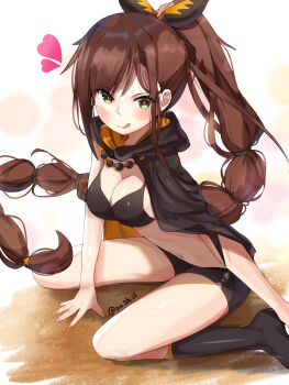 1girl :q between_legs bikini black_bikini black_boots black_shorts boots braid breasts brown_hair cleavage commentary english_commentary extra_pupils green_eyes hair_ribbon hand_between_own_legs heart highres knee_boots long_hair looking_at_viewer navel ponytail re:zero_kara_hajimeru_isekai_seikatsu ribbon shaula_(re:zero) shorts smile solo su_shi_iii swimsuit tongue tongue_out