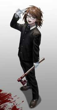 1boy axe black_eyes black_jacket blood blood_on_axe blood_on_face blood_on_ground brown_hair commentary_request full_body glasses gloves gradient_background grey_background hand_up highres holding holding_axe jacket looking_at_viewer male_focus nil_(pixiv_53614557) randal&#039;s_friends randal_ivory short_hair simple_background solo standing v white_gloves