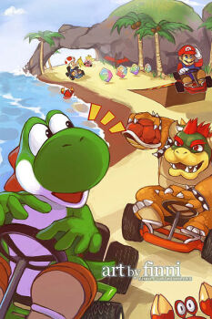 Rule 34 | 1girl, 4boys, :d, banana peel, beach, blonde hair, bowser, car, coconut, coconut tree, commentary request, crab, day, driving, facial hair, finni chang, food, fruit, gloves, go-kart, hand on headwear, hat, holding, item box (mario), kart, looking back, mario, mario (series), mario kart, mario kart 64, motor vehicle, multiple boys, mustache, nintendo, ocean, open mouth, outdoors, palm tree, princess, princess peach, racing, ramp, red hair, shell, sidestepper, signature, smile, steering wheel, toad (mario), tree, watermark, web address, yoshi