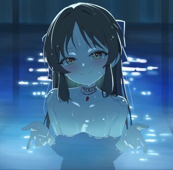 1girl bright_pupils brown_eyes brown_hair chainsaw_man choker collarbone fella_(vpffk0731) flat_chest food fruit highres i&#039;ll_teach_you_everything_(chainsaw_man) idolmaster idolmaster_cinderella_girls idolmaster_cinderella_girls_u149 light_blush loli long_hair looking_at_viewer nude outdoors partially_submerged pool scene_reference sidelocks smile solo strawberry strawberry_necklace tachibana_arisu water wet