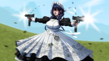 1girl apron black_dress black_hair blackcapbandit blue_sky braid breasts casing_ejection closed_eyes day dress dual_wielding firing gun hat highres holding holding_gun holding_weapon hololive hololive_english large_breasts long_hair low_twin_braids mac-10/11 maid_apron mob_cap muzzle_flash official_alternate_costume official_alternate_hairstyle open_mouth ouro_kronii ouro_kronii_(maid) outdoors outstretched_arms pocket_watch shell_casing sky solo submachine_gun twin_braids virtual_youtuber watch weapon white_apron