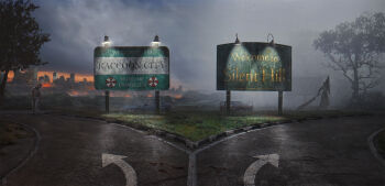 arrow_(symbol) artist_logo artist_name car city city_lights cityscape commentary crossover english_commentary english_text evgenij_kungur fire fog grass great_knife helmet highres horror_(theme) light_particles logo motor_vehicle object_head outdoors pyramid_head raised_curb resident_evil road road_sign sign silent_hill_(series) tree umbrella_corporation_(logo) watermark wreckage zombie