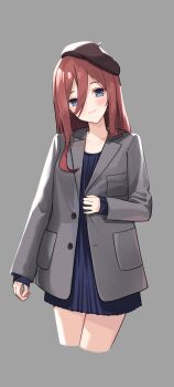 1girl alternate_costume beret black_hat blue_dress blue_eyes closed_mouth coat cropped_legs dress go-toubun_no_hanayome grey_background grey_coat hair_between_eyes hat highres long_bangs long_sleeves looking_at_viewer nakano_miku profnote short_dress smile solo