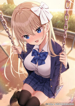 1girl averting_eyes black_thighhighs blazer blue_bow blue_eyes blue_jacket blue_skirt blush bow breasts brown_shoes collared_shirt commentary_request dress_shirt hair_between_eyes hair_ribbon jacket large_breasts light_brown_hair loafers long_sleeves multiple_girls nekokobushi on_swing open_clothes open_jacket open_mouth original outdoors park plaid_bow plaid_clothes plaid_skirt pleated_skirt ribbon ribbon-ko school_uniform shirt shirt_tucked_in shoes skirt solo_focus swing thighhighs thighs white_ribbon white_shirt
