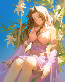 1girl absurdres aerith_gainsborough alternate_costume bodystocking breasts brown_hair detached_sleeves final_fantasy final_fantasy_vii final_fantasy_vii_remake green_eyes highres iamc95 indian_style long_hair looking_at_viewer medium_breasts on_swing parted_lips purple_skirt purple_sleeves sitting skirt solo swing underboob wide_sleeves