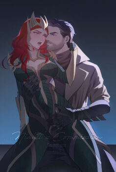 1boy 1girl amber_heard aquaman_(series) armor armored_bodysuit batman batman_(series) batman_v_superman:_dawn_of_justice ben_affleck bruce_wayne coat commission couple crown dc_comics dc_extended_universe green_eyes hand_on_another's_chest hand_on_another's_head hand_on_another's_stomach highres imminent_kiss justice_league justice_league_(movie) long_hair looking_at_another mera_(dc) niahti queen red_hair sitting sitting_on_lap sitting_on_person trench_coat upper_body