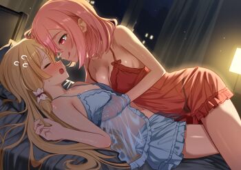2girls :q absurdres akamine_yuuna babydoll backlighting bare_shoulders blonde_hair blue_nightgown blush breasts closed_eyes closed_mouth commentary curtains flying_sweatdrops frilled_nightgown frilled_shorts frills from_side hair_behind_ear hair_tubes hand_on_another's_chest highres kokudo_aya lampshade long_hair lying medium_breasts mn_(tk-xyz) multiple_girls night nightgown no_bra on_back on_bed open_mouth panties pink_hair red_nightgown see-through_clothes see-through_nightgown short_hair shorts small_breasts smile sweatdrop tongue tongue_out underwear yuri yuuki_yuuna_wa_yuusha_de_aru yuusha_de_aru