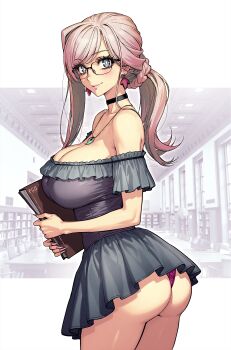 Rule 34 | 1girl, armpit crease, ass, bespectacled, black choker, blue eyes, book, breasts, choker, cleavage, closed mouth, collarbone, commentary, dress, earrings, fate/grand order, fate (series), glasses, highres, holding, holding book, jewelry, large breasts, library, lips, low ponytail, miyamoto musashi (fate), necklace, panties, pendant, pink hair, ponytail, purple panties, rioliogiz, short dress, smile, solo, symbol-only commentary, underwear