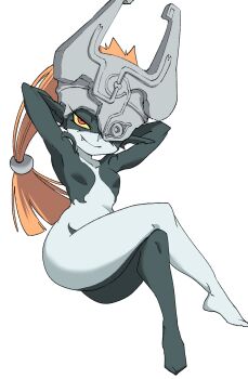 1girl breasts colored_sclera colored_skin commentary_request crossed_legs fang helmet highres imp long_hair midna multicolored_skin nasu_(ilo_a5) nintendo one_eye_covered orange_hair pointy_ears red_eyes shortstack smile solo the_legend_of_zelda the_legend_of_zelda:_twilight_princess thick_thighs thighs two-tone_skin yellow_sclera