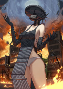 1girl absurdres apron black_gloves bomb_devil_(chainsaw_man) breasts burning burning_building chainsaw_man city dynamite elbow_gloves explosive gloves grey_apron hakuou0714 highres medium_breasts object_head outdoors overcast panties sky smoke solo teeth underwear white_panties