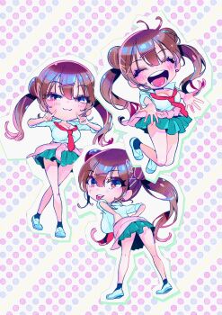 1girl :3 black_socks blush breasts brown_eyes brown_hair cardigan cardigan_around_waist chibi cleavage closed_eyes clothes_around_waist commentary_request double_bun fingers_to_cheeks from_behind green_skirt hair_between_eyes hair_bun hair_ornament highres kaba_yuuji kakunaru_ue_wa large_breasts leaning_forward long_hair looking_at_viewer looking_back miyamoto_niina multiple_views neckerchief open_mouth pink_cardigan pleated_skirt polka_dot polka_dot_background red_neckerchief school_uniform shirt shoes skirt smile socks standing star_(symbol) star_hair_ornament teeth twintails twintails_day upper_teeth_only uwabaki v v_over_eye white_shirt white_shoes x_hair_ornament