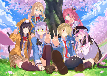 6+girls absurdres aikawa_megumi animal_hood aqua_eyes aqua_jacket asakura_karen_(heaven_burns_red) black_hair black_ribbon black_socks black_thighhighs blonde_hair blue_eyes blue_jacket blue_sky blush bow bowtie braid brown_skirt cat_tail cherry_blossoms closed_mouth cloud commentary_request dappled_sunlight day double_bun double_v eyelashes falling_petals flower glasses grass green_eyes grey_hair grin hair_between_eyes hair_bun hair_ornament hair_over_one_eye hair_over_shoulder hair_ribbon hat heaven_burns_red highres hood hood_up hooded_jacket hoodie izumi_yuki_(heaven_burns_red) jacket kayamori_ruka knee_up kneehighs kneeling kunimi_tama loafers long_hair long_sleeves looking_at_viewer low_twintails miniskirt multiple_girls necktie on_grass on_head one_eye_closed one_eye_covered open_clothes open_jacket open_mouth outdoors peaked_cap petals pink_eyes pink_flower pink_hair plaid_clothes plaid_skirt pleated_skirt pom_pom_(clothes) pom_pom_hair_ornament red_bow red_bowtie red_eyes red_necktie red_ribbon ribbon round_eyewear sailor_hat school_uniform shaketamago shirt shoes short_hair side_braid sitting skirt sky smile socks standing sunlight tail team_31a_(heaven_burns_red) thighhighs toujou_tsukasa tree twintails two_side_up v very_long_hair white_shirt yellow_eyes yellow_jacket zettai_ryouiki