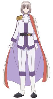 1boy ascot belt black_belt boots cape closed_mouth commentary_request enrique_adelbide epaulettes eris_no_seihai fringe_trim full_body gloves grey_hair highres knee_boots light_smile looking_at_viewer male_focus official_art pants red_eyes second-party_source shirt short_hair single_epaulette solo transparent_background white_ascot white_boots white_cape white_gloves white_pants white_shirt