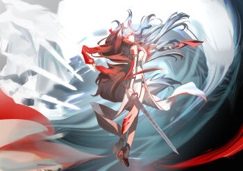 1girl absurdres animal_ear_fluff animal_ears armlet artist_name bare_shoulders black_shoes brown_hair brown_tail china_dress chinese_clothes clover clover_hair_ornament commentary dress droopy_ears floating floating_hair floating_object floating_sword floating_weapon from_side full_body gradient_hair gradient_tail hair_ornament hairband hand_on_own_chest highres holding holding_sword holding_weapon jewelry leg_tattoo long_hair looking_at_viewer looking_back multicolored_hair multicolored_tail open_mouth qingming_sword red_eyes red_hair see-through_horns shirix shoes silver_armlet solo sword symbol-only_commentary tail tattoo very_long_hair weapon white_dress white_hair white_hairband white_tail ye_shunguang zenless_zone_zero