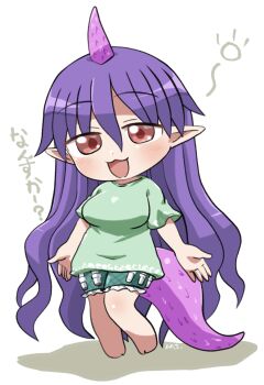 Rule 34 | 1girl, :3, :d, barefoot, blush, breasts, chibi, chibi only, commentary request, dot nose, frilled shorts, frills, full body, green shirt, green shorts, hair between eyes, highres, horns, large breasts, long hair, looking at viewer, open mouth, pointy ears, purple hair, rokugou daisuke, shirt, short sleeves, shorts, signature, simple background, single horn, smile, solo, squeans, standing, tail, tenkajin chiyari, test tube, touhou, white background
