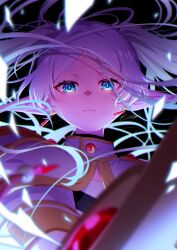 Rule 34 | 1girl, black background, blue eyes, blurry, blurry foreground, capelet, closed mouth, earrings, elf, floating hair, frieren, frown, gem, grey hair, highres, holding, holding staff, jewelry, long hair, looking at viewer, pointy ears, red gemstone, rindo, signature, solo, sousou no frieren, staff, upper body, white capelet