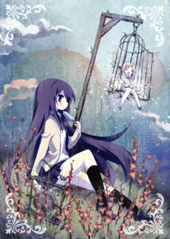 2girls aoi_sena black_socks blazer blonde_hair blue_sky blush cage chaos;head closed_mouth falling_petals field floating_hair flower flower_field food gibbeting head_crusher holding holding_food holding_popsicle in_cage jacket knee_up kneehighs long_hair looking_at_viewer looking_to_the_side mamimu_(ma-mi-mu.me) miniskirt multiple_girls necktie open_clothes open_jacket open_mouth orihara_kozue outdoors petals popsicle profile purple_eyes purple_hair purple_skirt red_flower school_uniform science_adventure shirt sitting skirt sky smile socks white_flower white_shirt yellow_jacket