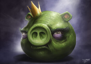 1boy angry_birds animal_focus artist_name colored_skin crown full_body gold_crown green_skin grey_background grey_eyes king_pig looking_at_viewer mini_crown pig pig_snout realistic sam_spratt signature solo thick_eyebrows