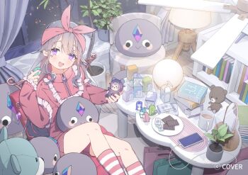 1girl :d bow_hairband ceiling_fan cellphone chair colored_inner_hair commentary_request copyright_notice cup frilled_jacket frills gradient_hair grey_hair hair_flaps hairband hand_jewel hoji_(hooooooooji1029) holding holding_stuffed_toy hololive hololive_english indoors jacket jewel_under_eye kneehighs koseki_bijou long_hair looking_at_viewer metal_wings mirror multicolored_hair night official_art on_chair open_box open_mouth pebble phone pink_hair pink_hairband pink_jacket pink_shorts pink_socks plant potted_plant purple_eyes short_shorts shorts sidelocks sitting smartphone smile socks solo striped_clothes striped_socks stuffed_animal stuffed_toy table very_long_hair virtual_youtuber
