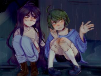 Rule 34 | 2girls, ahoge, alternate costume, bandaid, bandaid on knee, bandaid on leg, black shirt, blue background, blue footwear, blue jeans, blue legwear, blue pants, blue shirt, brown footwear, closed mouth, danganronpa (series), danganronpa another episode: ultra despair girls, female focus, fukawa toko, glasses, green eyes, green hair, hair between eyes, highres, knees together feet apart, knees up, legs, long hair, long sleeves, matching hair/eyes, multiple girls, naegi komaru, nose, open mouth, palms, pants, purple eyes, purple hair, rain, shirt, simple background, sitting, white shirt