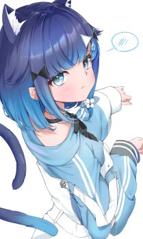 1girl absurdres animal_ear_fluff animal_ears black_choker blue_eyes blue_hair blue_jacket blush cat_ears cat_girl cat_tail choker commentary_request extra_ears gradient_hair hair_ornament hairu_821 highres jacket kemonomimi_mode looking_at_viewer multicolored_hair overalls paw_pose short_hair simple_background solo spoken_blush suspenders suspenders_slip tail tsumugi_kokage upper_body virtual_youtuber vspo! wavy_mouth white_background white_overalls