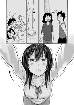 1boy 1girl absurdres anger_vein araido_kagiri arrow_(symbol) barefoot blush breasts comic fighting flashback fujimino_daisuke greyscale height_mark highres hino_matsuri_(osananajimi_ni_najimitai) long_hair measuring medium_breasts mole mole_under_eye monochrome original osananajimi_ni_najimitai simple_background sweatdrop tagme tiptoes trembling